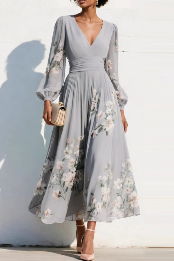 Cardydony Women's  Floral Print V-neck Long-sleeved Fitted Waist Casual Maxi Dress