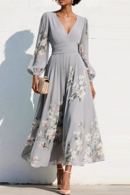 Cardydony Women's  Floral Print V-neck Long-sleeved Fitted Waist Casual Maxi Dress