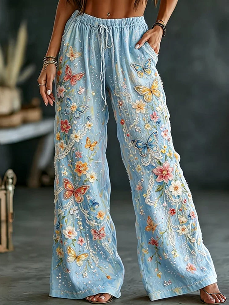 Cardydony Women's Colorful Floral And Butterfly Art Embroidered Linen Blend Lace Pants