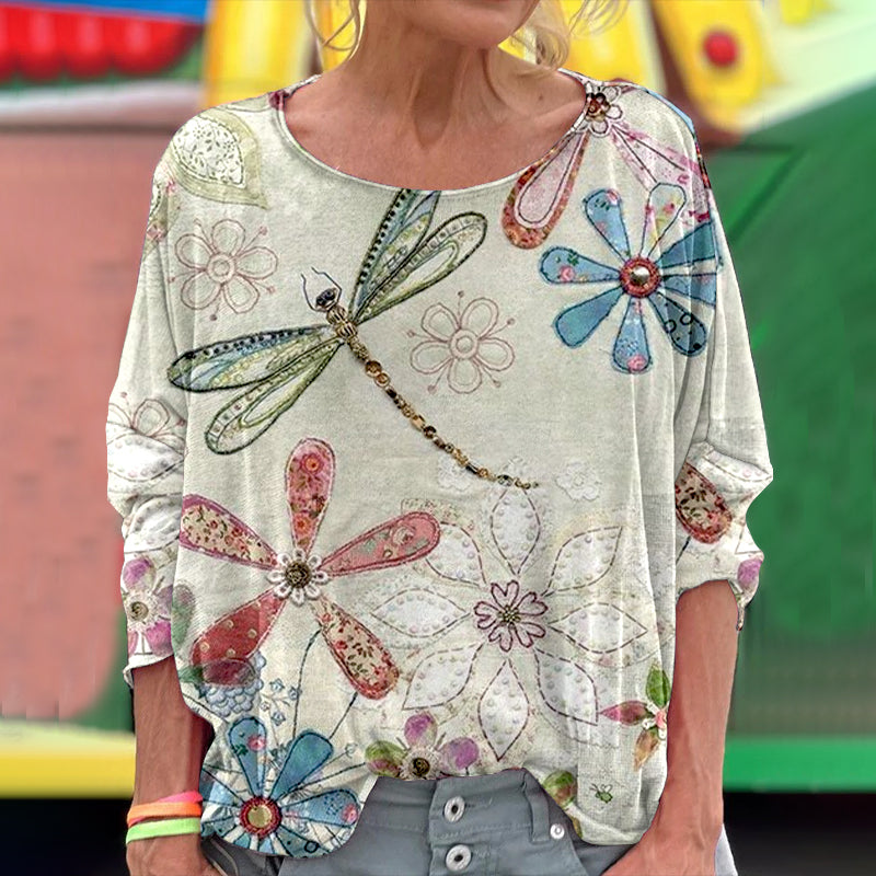 Cardydony Women's Floral And Dragonfly Art Print Long Sleeve Tops