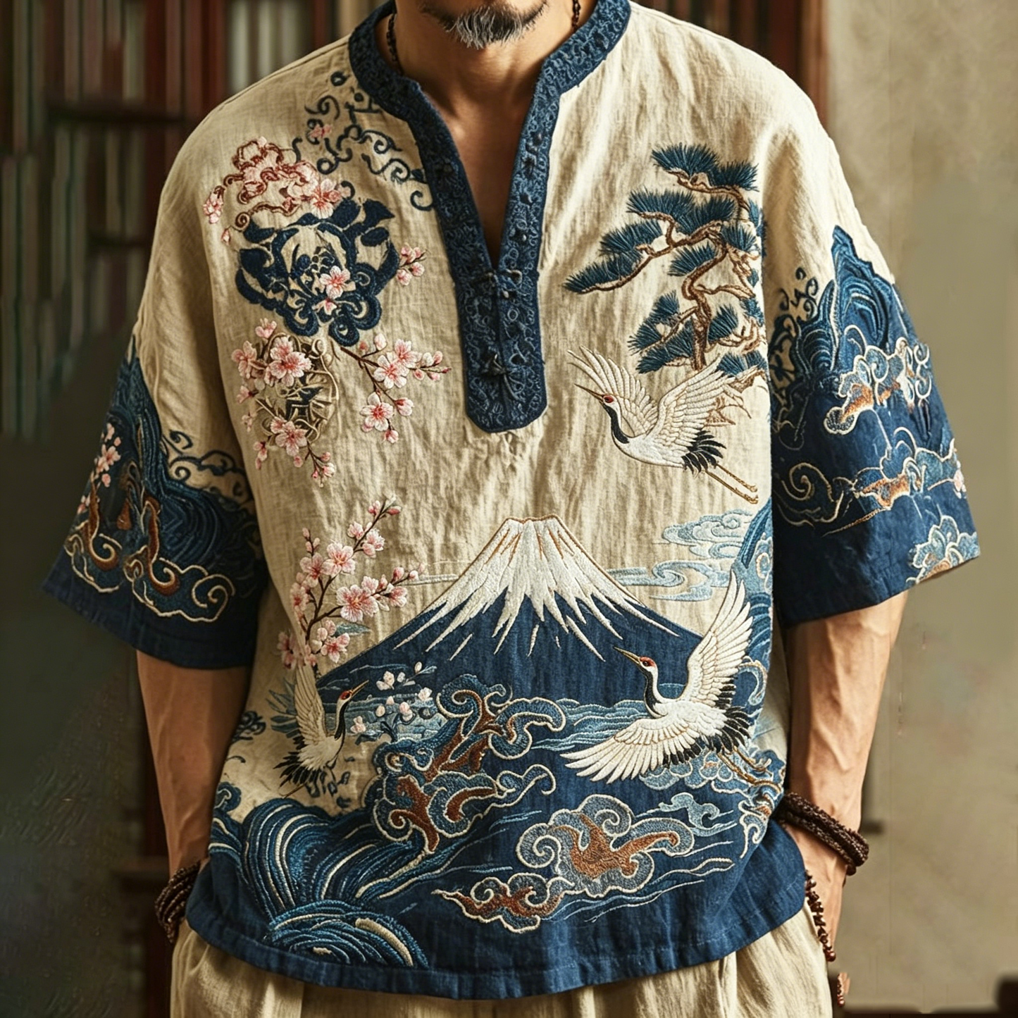 Cardydony Men's Retro Japanese Crane Floral Wave Design Short-sleeve Top