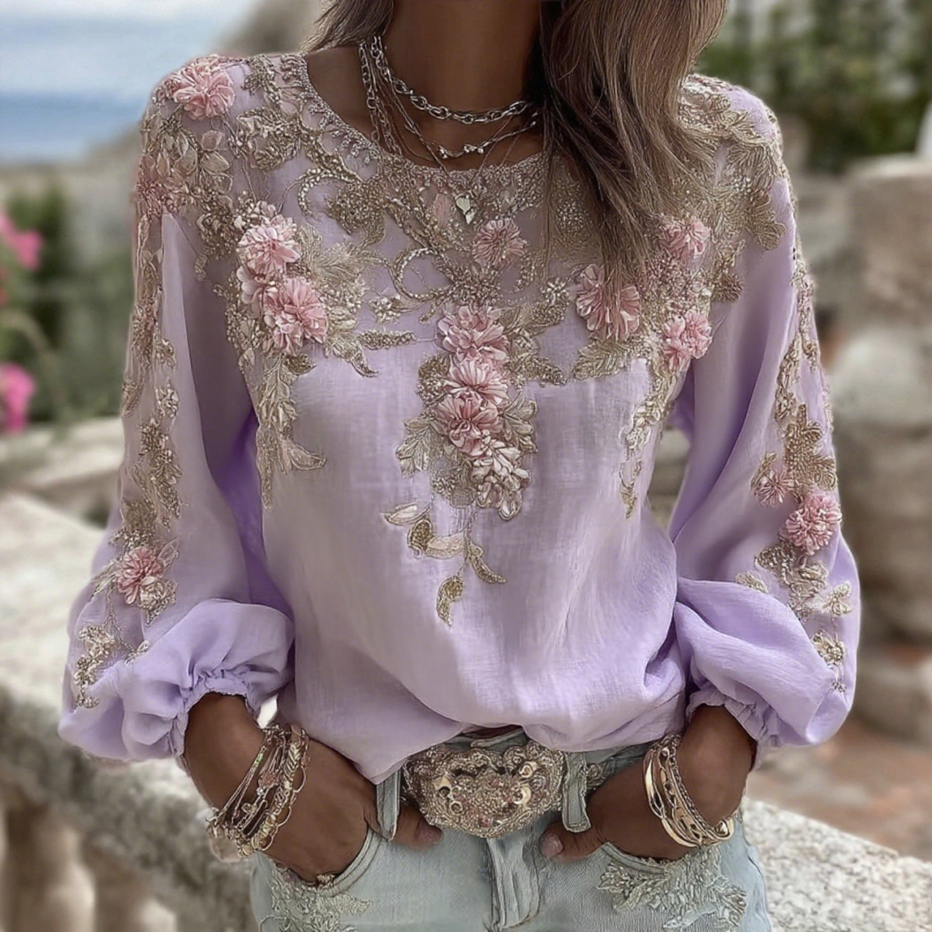 Cardydony Women's Vintage Pink Rose Embroidery Art Round Neck Long Sleeve Linen Blend T-shirt