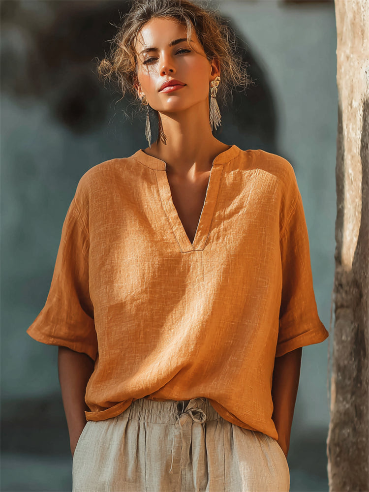 Cardydony Vintage Notch Neck Oversize Linen Tunic