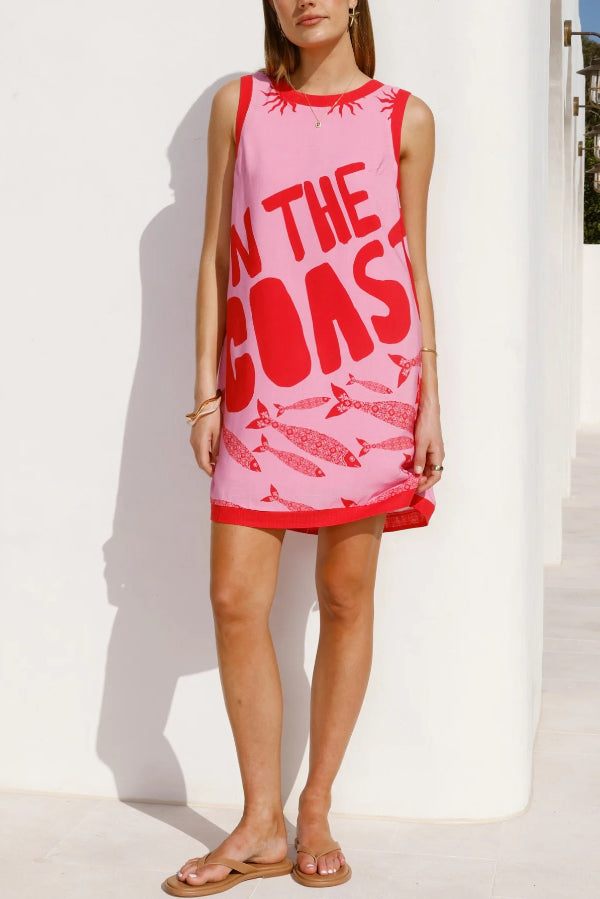 Cardydony Women's Summer-themed Printed Round Neck Sleeveless Pocket Loose Mini Dress