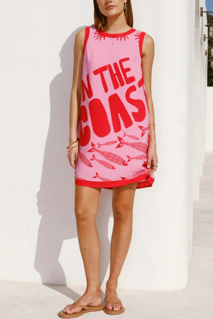 Cardydony Women's Summer-themed Printed Round Neck Sleeveless Pocket Loose Mini Dress