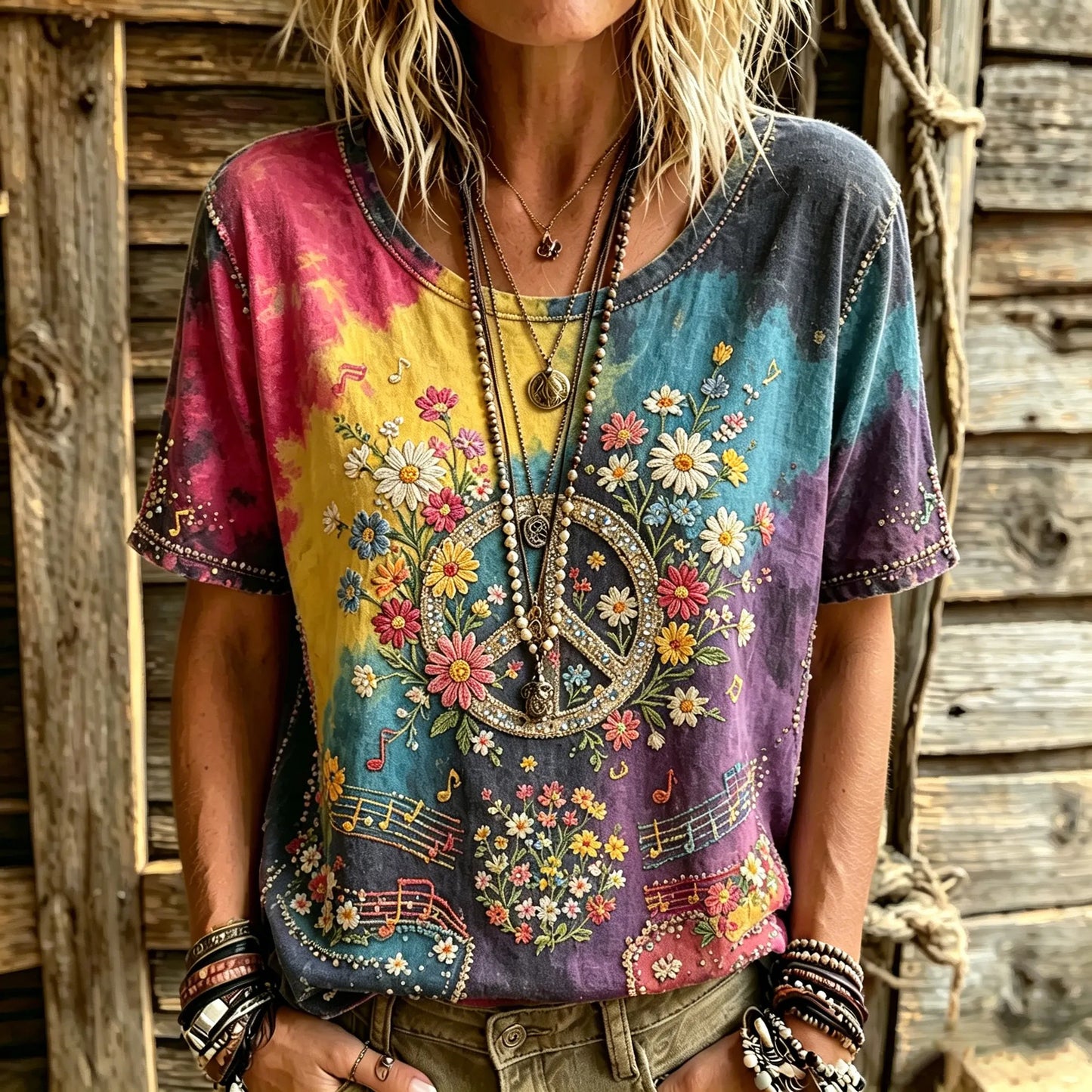Cardydony Women's Retro Tie-dye Hippie Peace Logo Floral Art Embroidery Casual Cotton Linen T-shirt