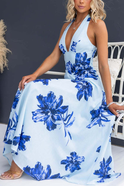 Cardydony Women's Floral Print V-neck Backless Tie-up Fitted Waist Elegant Maxi Dress