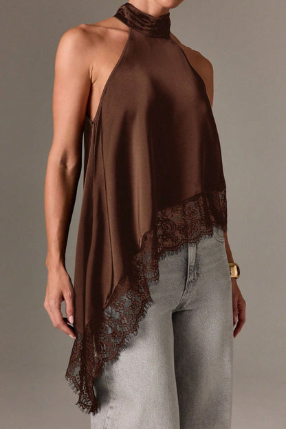 Cardydony Women's Solid Color Satin Sleeveless Lace Hem Loose Top