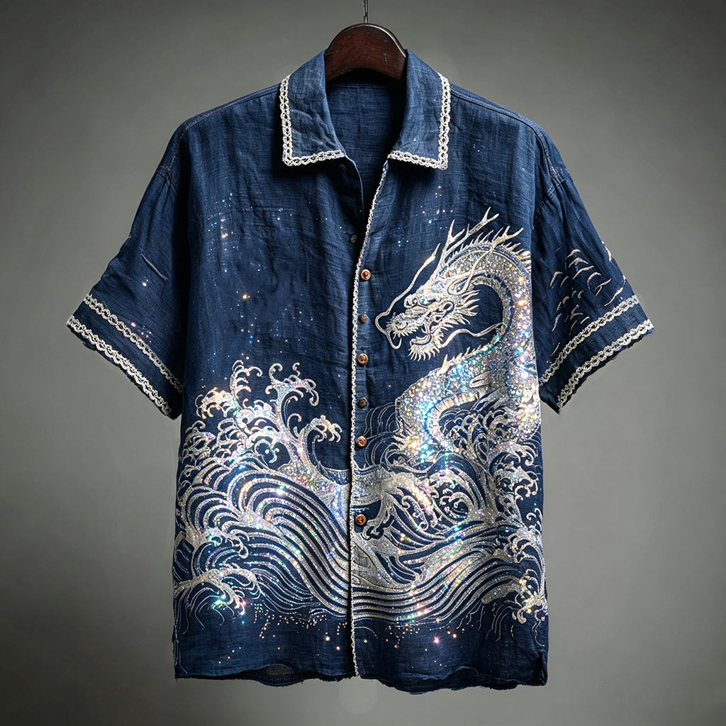 Cardydony Retro Japanese Style Wave And Dragon Art Casual Shirt