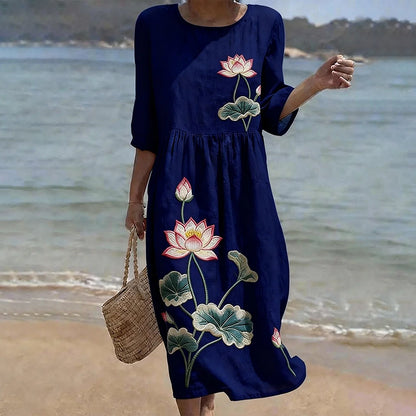 Cardydony Vintage Floral Lotus Art Pattern Linen Blend Loose Three-quarter Sleeve Dress