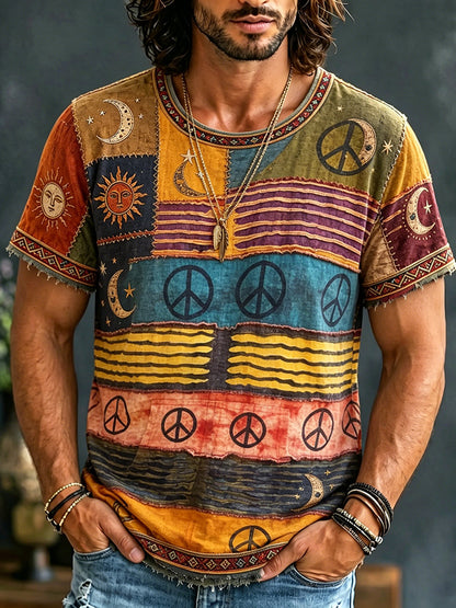 Cardydony Men's Sun, Moon And Stars Hippie Print Crew Neck T-shirt