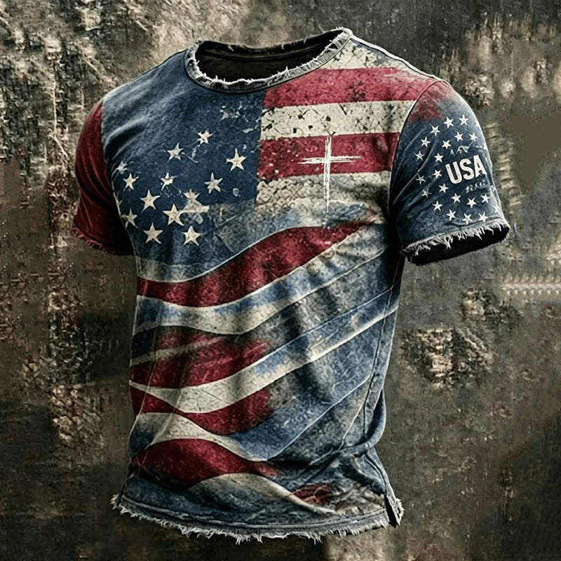 Cardydony Men's Retro Independence Day Flag Pattern Crew Neck Short Sleeve T-shirt