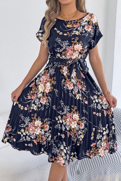 Cardydony Women's Floral Print Round Neck Fitted Waist Tie Pleated Midi Dress