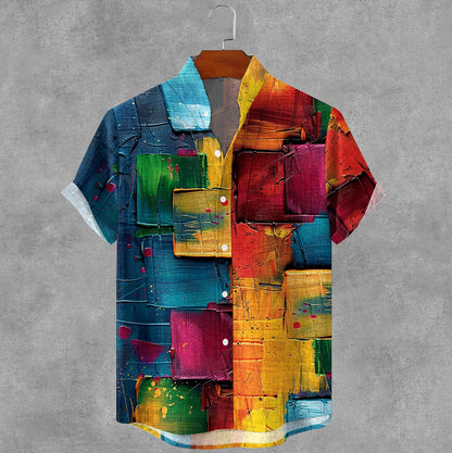 Cardydony Men's Retro Colored Oil Painting Plaid Art Print Cotton And Linen Shirt