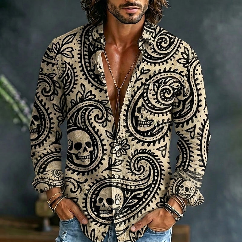 Cardydony Men's Hippie Skull Paisley Art Print Pocket Long Sleeve Shirt
