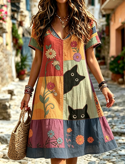 Cardydony Women's Hippie Black Cat Art Print Linen Blend V Neck Mini Dress