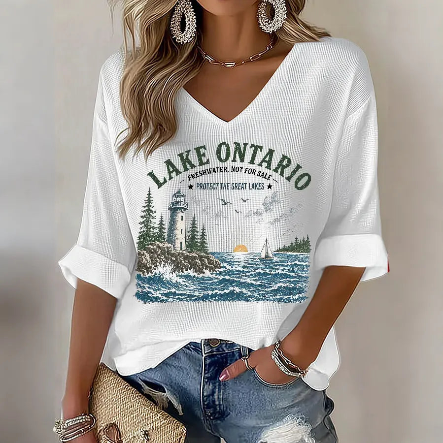 Cardydony Women's Lake Ontario Printed Casual T-shirt