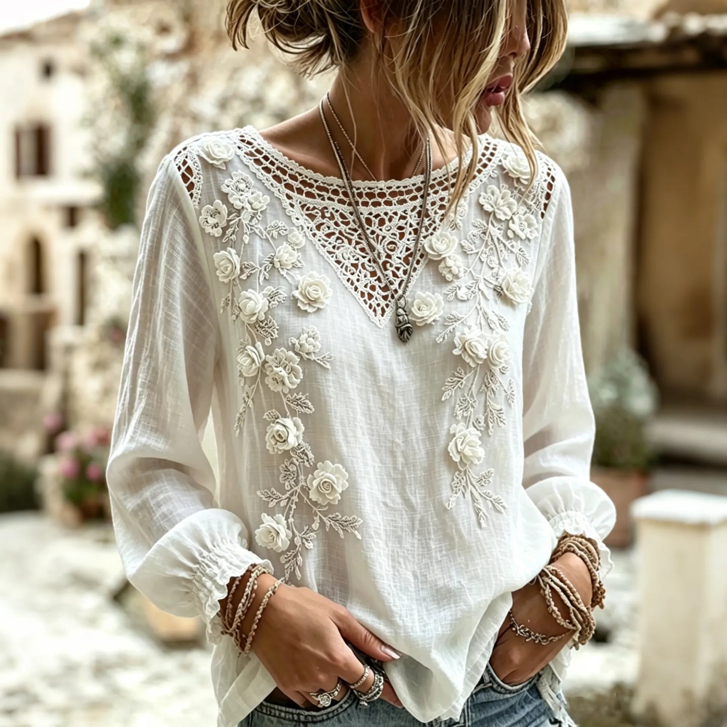 Cardydony Women's Retro Floral Art Linen Blend Round Neck Long Sleeve Tops