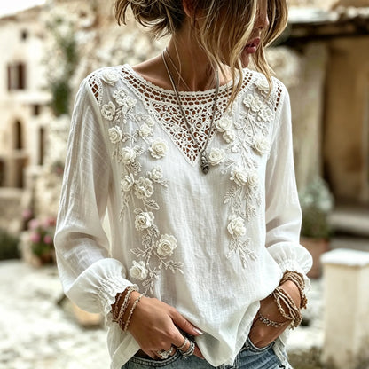 Cardydony Women's Retro Floral Art Linen Blend Round Neck Long Sleeve Tops
