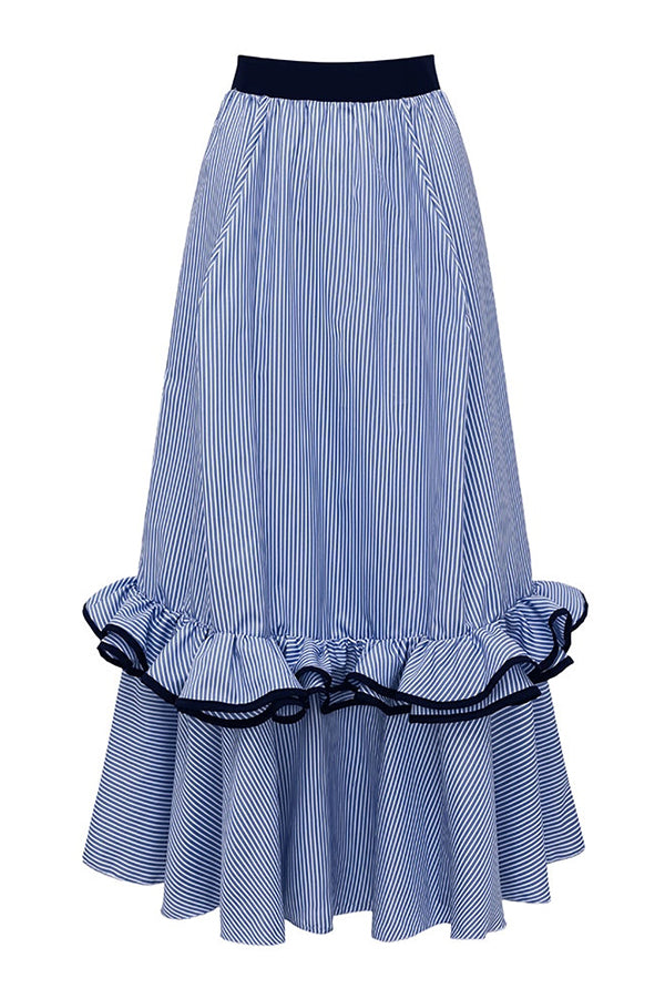 Cardydony Women's Striped Print Elegant Ruffle Trim Vacation Maxi Skirt