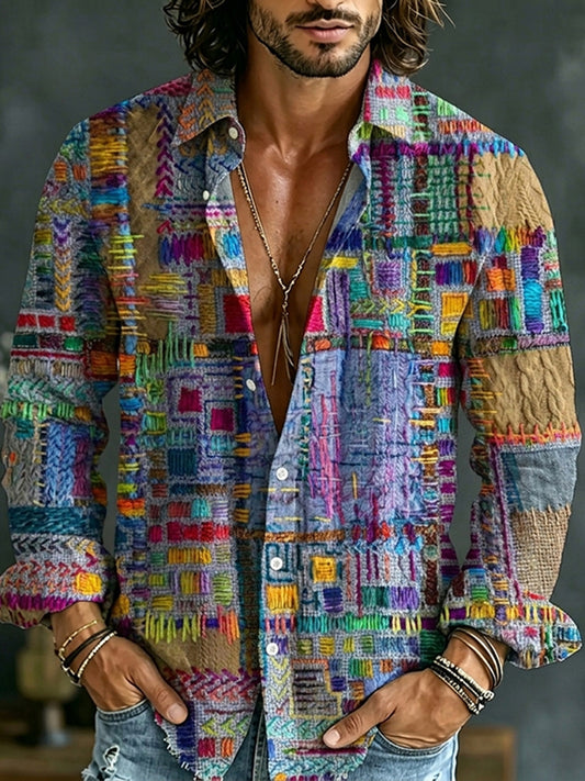 Cardydony Vintage Colorful Geometric Patterns Casual Cotton Linen Shirt