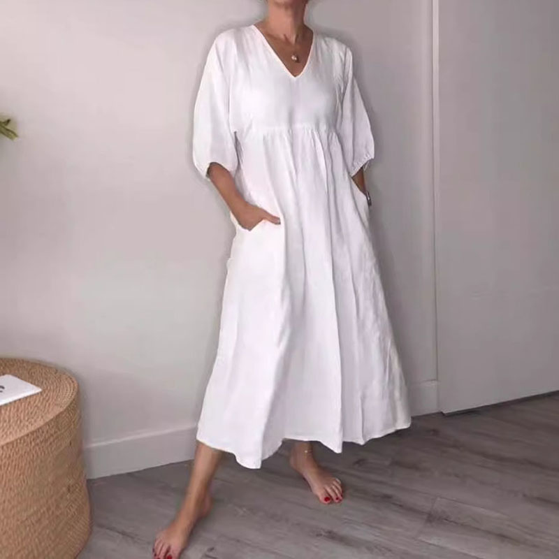 Cardydony Casual Cotton Linen Deep V-neck Pleated Solid Color Pocket Dress