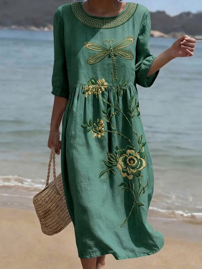 Cardydony Women's Vintage Floral And Dragonfly Art Print Casual Linen Dress
