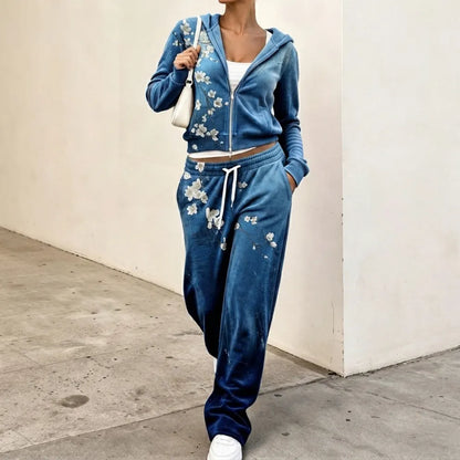 Cardydony Women's Retro Japanese Cherry Blossom Art Casual Sports Suit Two-piece Set