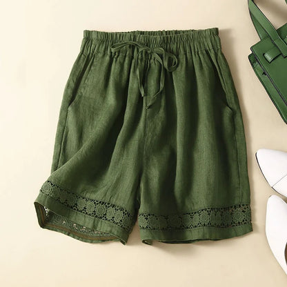 Cardydony Women's Retro Solid Color Lace Elastic Waist Cotton And Linen Shorts