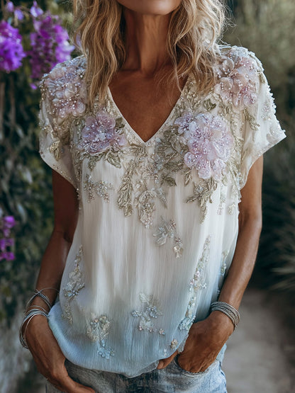 Cardydony Luxury Boho Floral V-neck Short Sleeve Blouse With Pearl & Sequin Embroidery