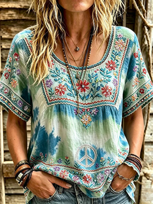 Cardydony Women's Retro Hippie Protect The Earth With Floral Tie-dye Cotton Linen Short-sleeve T-shirt