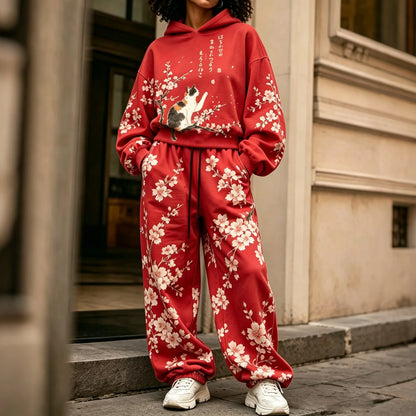 Cardydony Women's Vintage Japanese Cherry Blossom And Cat Art Print Hoodie Two Piece Set
