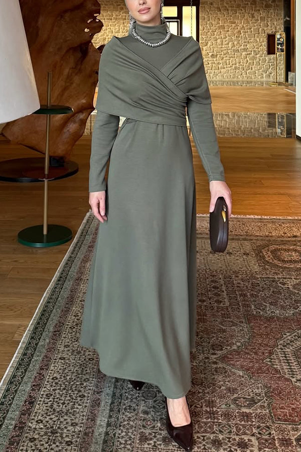 Cardydony Women's Solid Color High-neck Long-sleeved Crossover Waist Slim-fit Maxi Dress