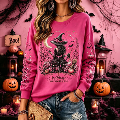 Cardydony Women's Retro Halloween Breast Cancer Awareness Witch Print Crew Neck Sweatshirt