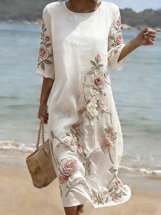 Cardydony Vintage Floral Art Pattern Linen Blend Loose Three-quarter Sleeve Dress