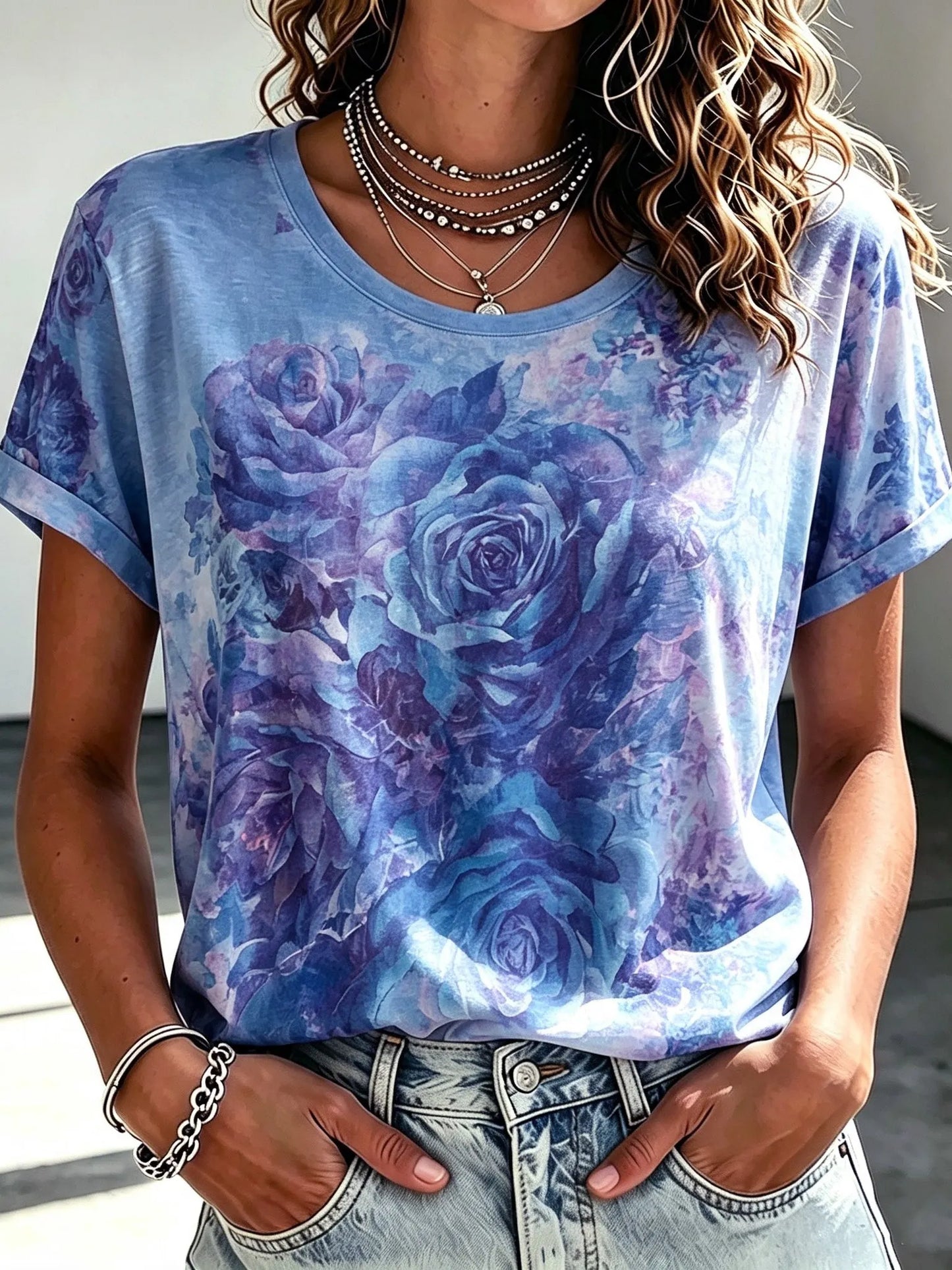 Cardydony Women's Retro Bohemian Floral Rose Print Cotton Linen T-shirt
