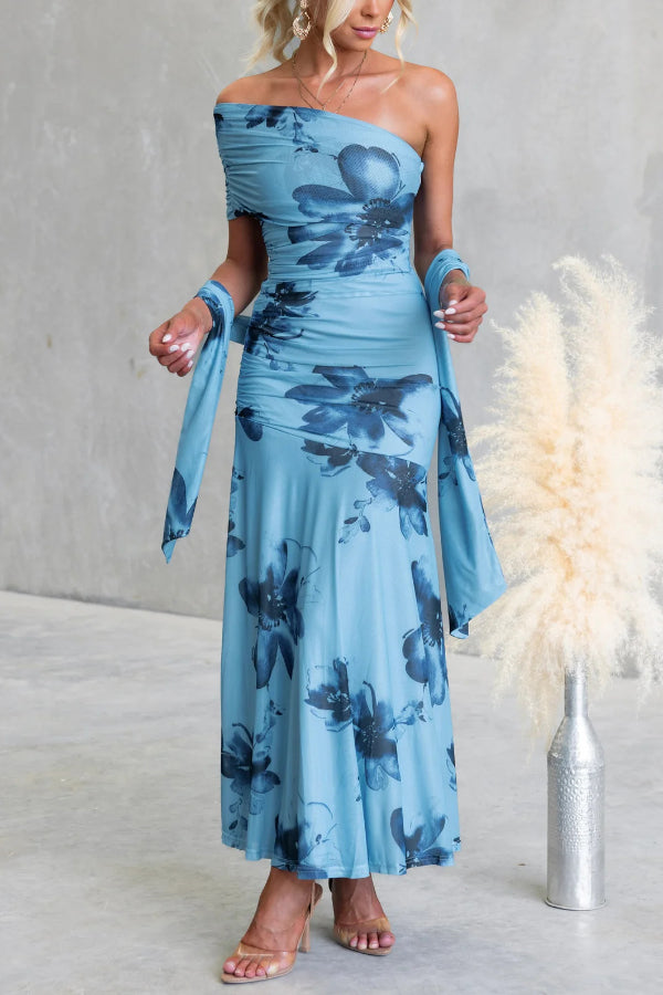 Cardydony Women's Floral Print Elegant Mesh Off-shoulder Fitted Maxi Dress