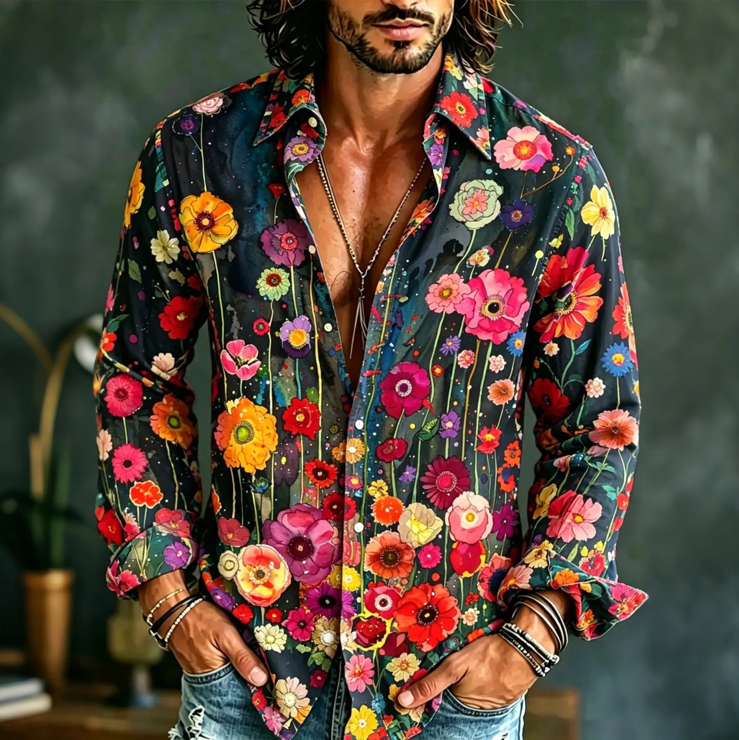 Cardydony Men's Vintage Hippie Floral Art Print Long Sleeves Linen Shirt