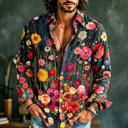 Cardydony Men's Vintage Hippie Floral Art Print Long Sleeves Linen Shirt