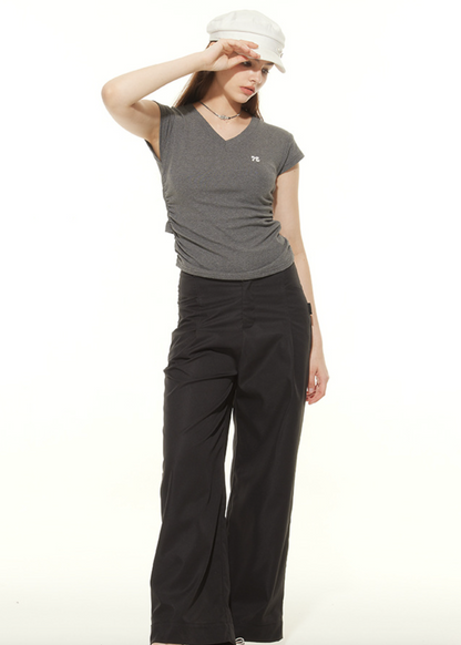 Cardydony Women's Chic V-Neck Ruched Slim-Fit T-Shirt