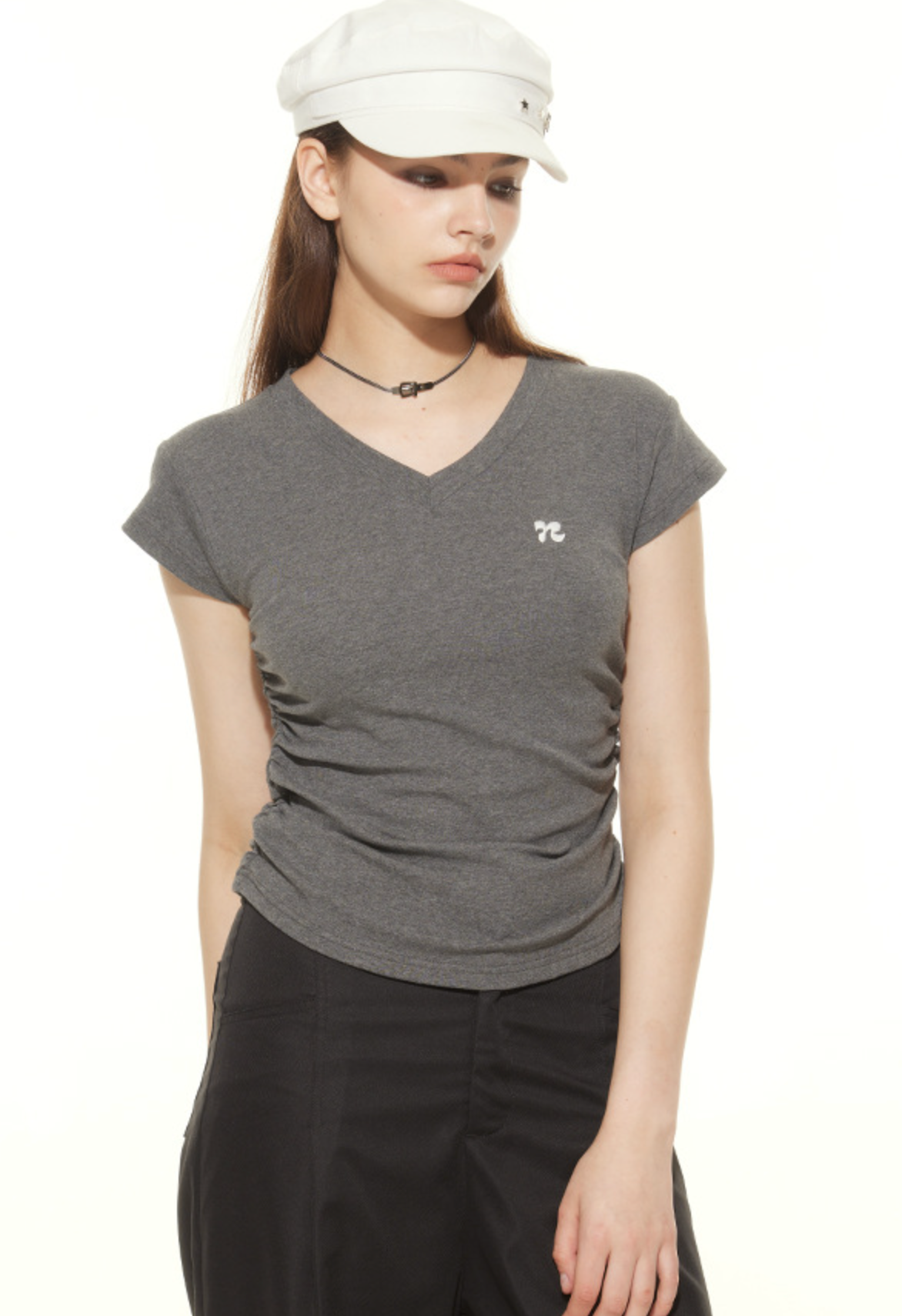 Cardydony Women's Chic V-Neck Ruched Slim-Fit T-Shirt