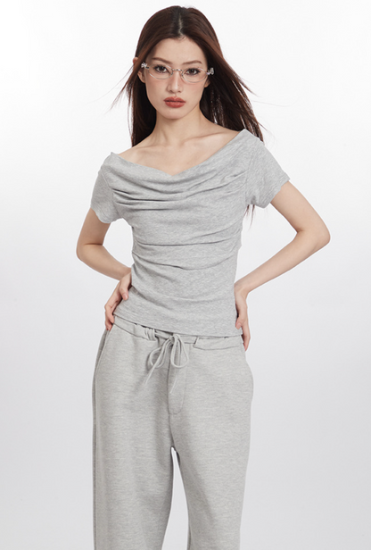 Cardydony Women's Draped Off-Shoulder Slim-Fit Crop Top