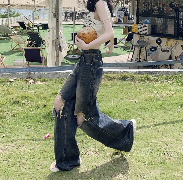 Cardydony Women's Edgy High-Waisted Distressed Wide-Leg Jeans in Vintage Blue