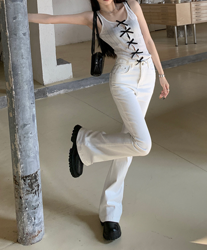 Cardydony Women's High-Waisted White Flared Jeans with Sleek Stretch Fit