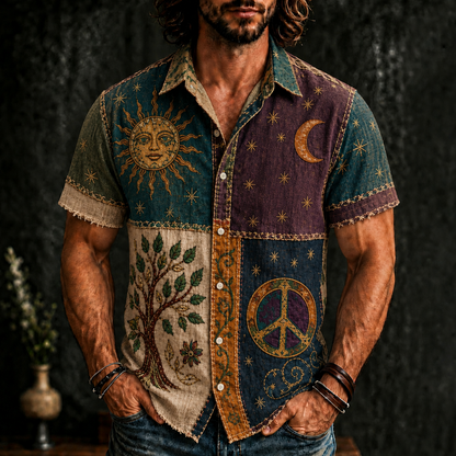 Cardydony Men's Hippie Sun Tree Of Life Patchwork Print Casual Shirt