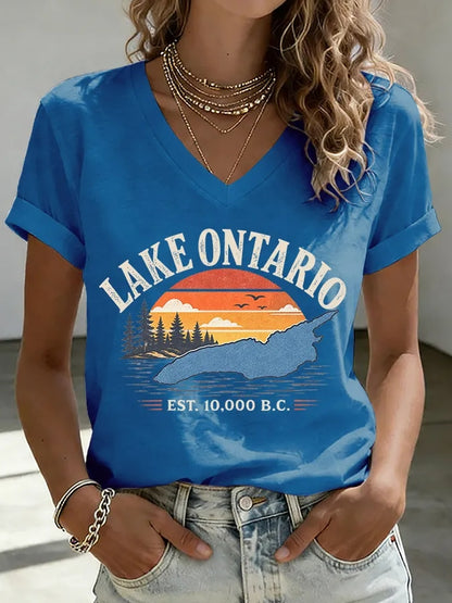 Cardydony Women's V-neck Retro Lake Ontario Est. 10,000 B.c. Print T-shirt