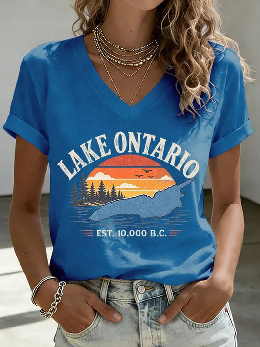 Cardydony Women's V-neck Retro Lake Ontario Est. 10,000 B.c. Print T-shirt