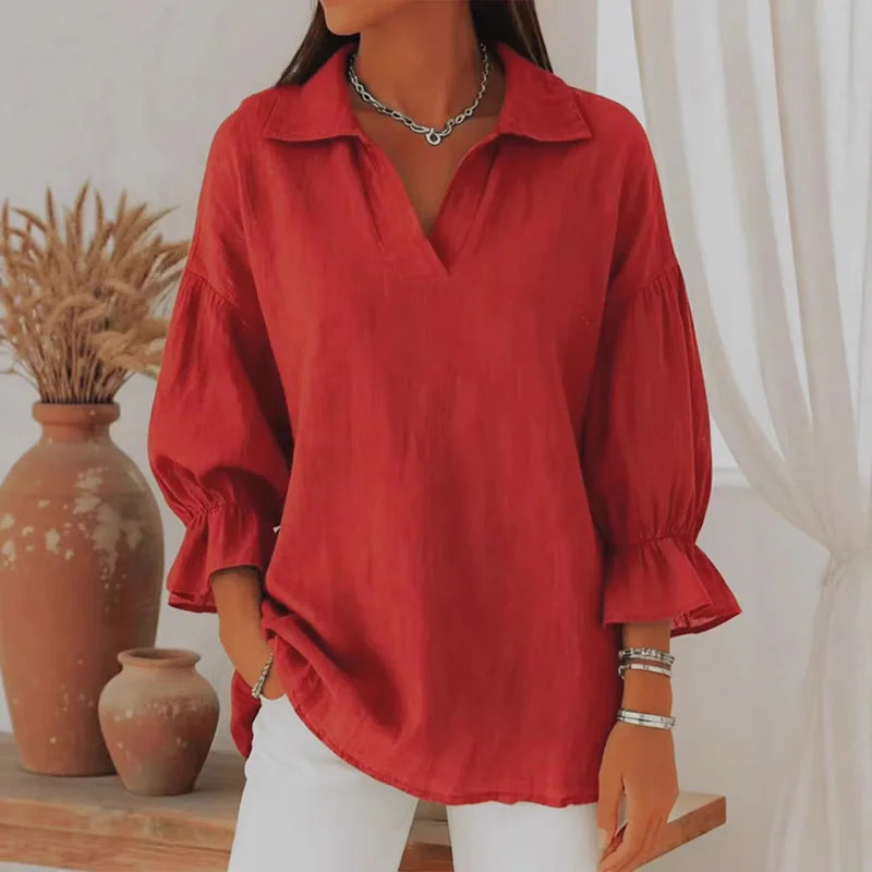 Cardydony Women's Solid Color Collared Cotton-Linen Blend Long Sleeve Loose Blouse