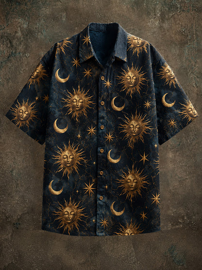 Cardydony Men's Retro Sun And Moon Print Cotton Linen Top
