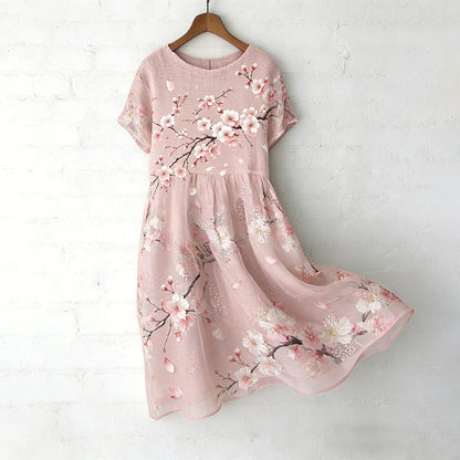Cardydony Women's Japanese Sakura Art Print Round Neck Short Sleeve Midi Dress